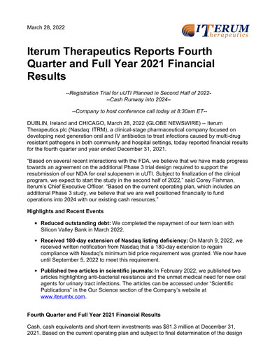 Vorschaubild Iterum Therapeutics Finanzbericht 2021