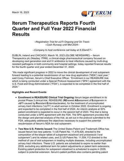 Vorschaubild Iterum Therapeutics Finanzbericht 2022
