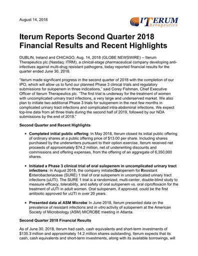Miniature Iterum Therapeutics Rapport trimestriel 2018-q2