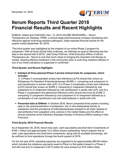 Miniature Iterum Therapeutics Rapport trimestriel 2018-q3