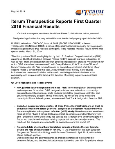 Miniature Iterum Therapeutics Rapport trimestriel 2019-q1