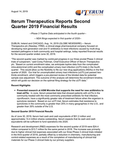 Miniature Iterum Therapeutics Rapport trimestriel 2019-q2