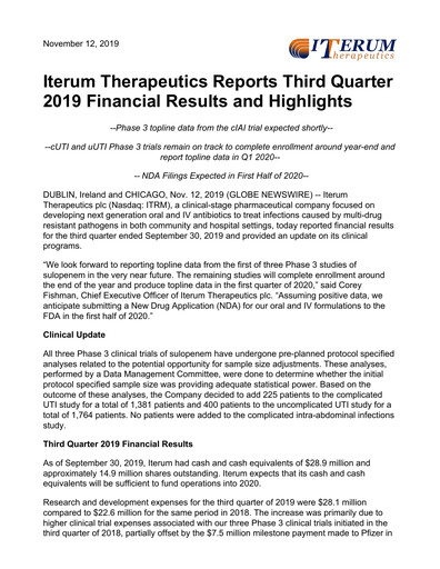 Miniature Iterum Therapeutics Rapport trimestriel 2019-q3