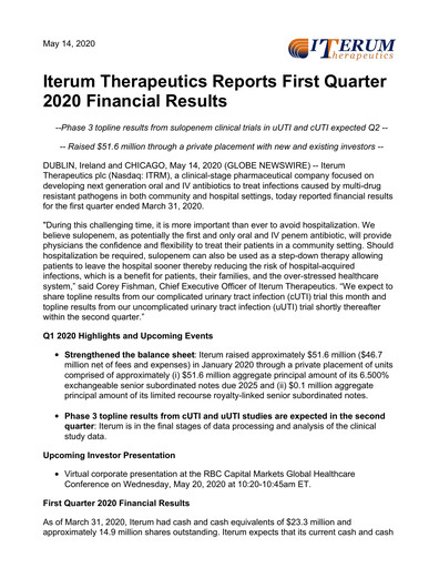 Miniature Iterum Therapeutics Rapport trimestriel 2020-q1