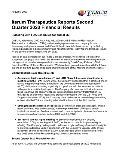 Miniature Iterum Therapeutics Rapport trimestriel 2020-q2