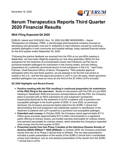 Miniature Iterum Therapeutics Rapport trimestriel 2020-q3