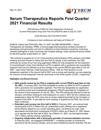 Miniature Iterum Therapeutics Rapport trimestriel 2021-q1