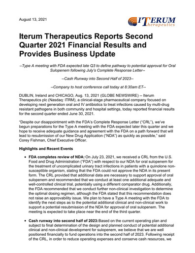 Miniature Iterum Therapeutics Rapport trimestriel 2021-q2