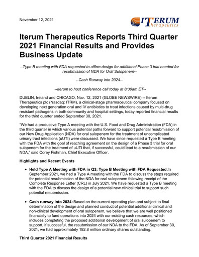 Miniature Iterum Therapeutics Rapport trimestriel 2021-q3