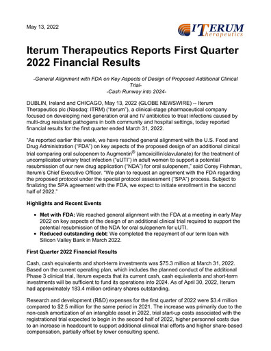 Miniature Iterum Therapeutics Rapport trimestriel 2022-q1