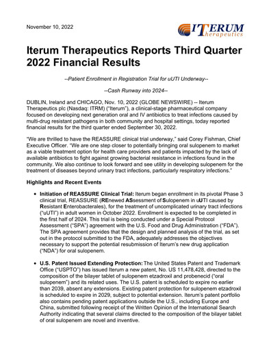 Miniature Iterum Therapeutics Rapport trimestriel 2022-q3