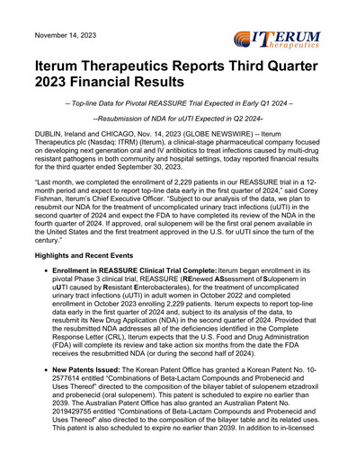 Miniature Iterum Therapeutics Rapport trimestriel 2023-q3