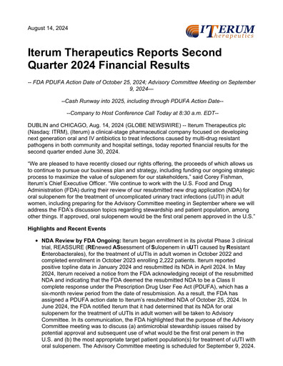 Miniature Iterum Therapeutics Rapport trimestriel 2024-q2