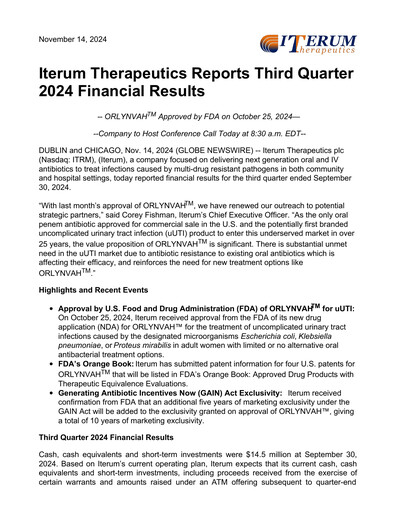 Miniature Iterum Therapeutics Rapport trimestriel 2024-q3