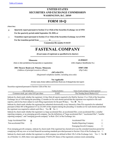 Vorschaubild Fastenal Quartalsbericht 2020-q3