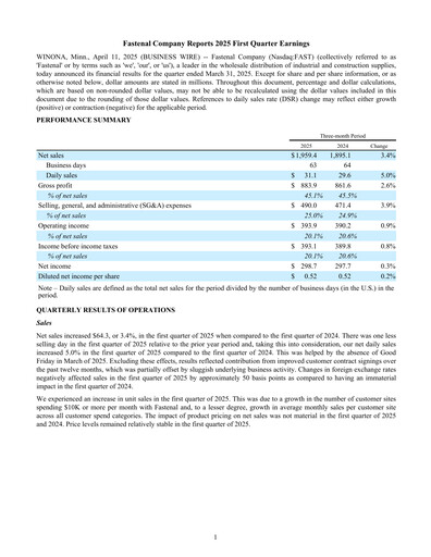 Miniature Fastenal Rapport trimestriel 2025-q1