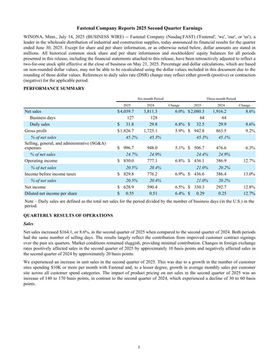 Miniature Fastenal Rapport trimestriel 2025-q2