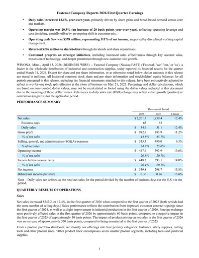 Miniature Fastenal Rapport trimestriel 2026-q1