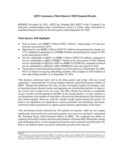 Vorschaubild iQIYI Quartalsbericht 2020-q3