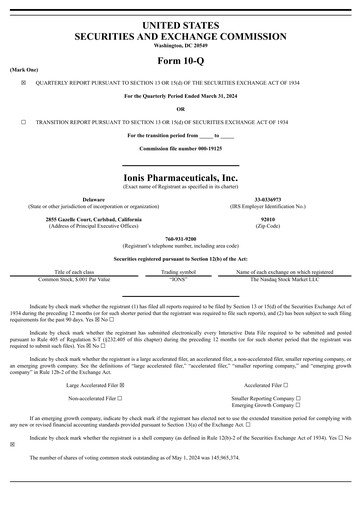 Thumbnail Ionis Pharmaceuticals
 Quarterly Report 2024-q1
