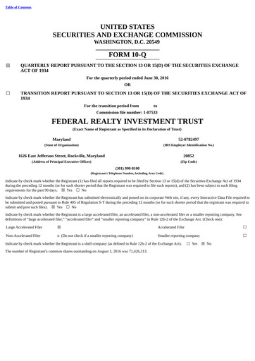 Thumbnail Federal Realty Investment Trust
 Quarterly Report 2016-q2