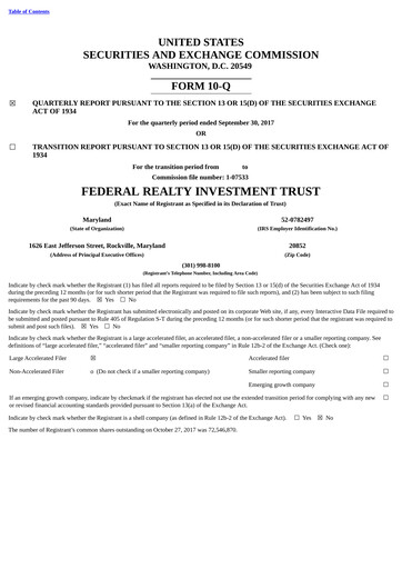 Thumbnail Federal Realty Investment Trust
 Quarterly Report 2017-q3