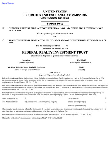 Thumbnail Federal Realty Investment Trust
 Quarterly Report 2018-q2