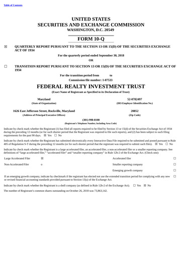 Thumbnail Federal Realty Investment Trust
 Quarterly Report 2018-q3