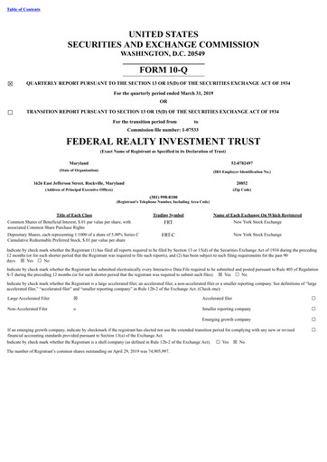 Thumbnail Federal Realty Investment Trust
 Quarterly Report 2019-q1