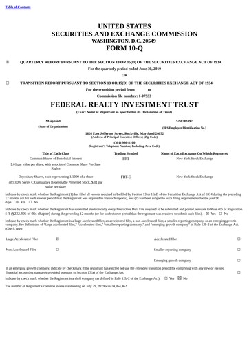 Thumbnail Federal Realty Investment Trust
 Quarterly Report 2019-q2