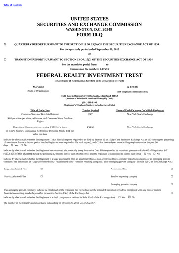 Thumbnail Federal Realty Investment Trust
 Quarterly Report 2019-q3