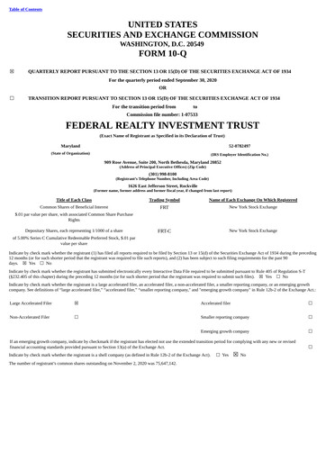 Thumbnail Federal Realty Investment Trust
 Quarterly Report 2020-q3