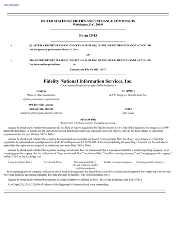 Thumbnail Fidelity National Information Services Quarterly Report 2019-q1