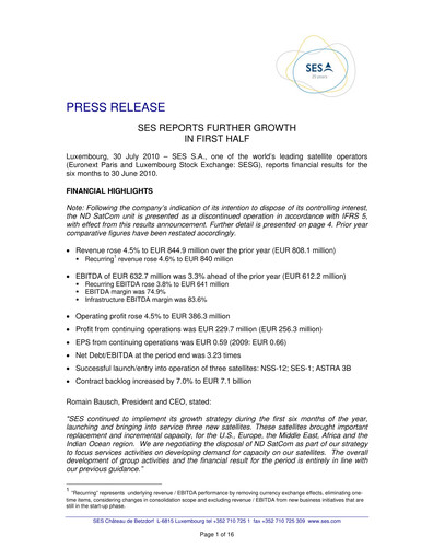 Thumbnail SES S.A. Half-year Report 2010-h1