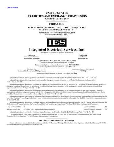 Thumbnail IES Holdings Annual Report 2014