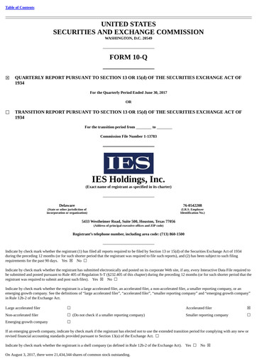 Vorschaubild IES Holdings Quartalsbericht 2017-q3