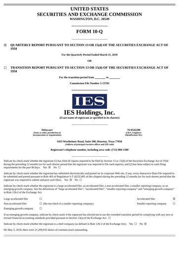Vorschaubild IES Holdings Quartalsbericht 2018-q2