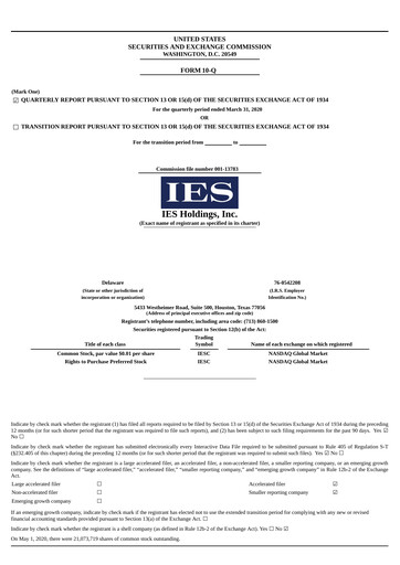 Vorschaubild IES Holdings Quartalsbericht 2020-q2