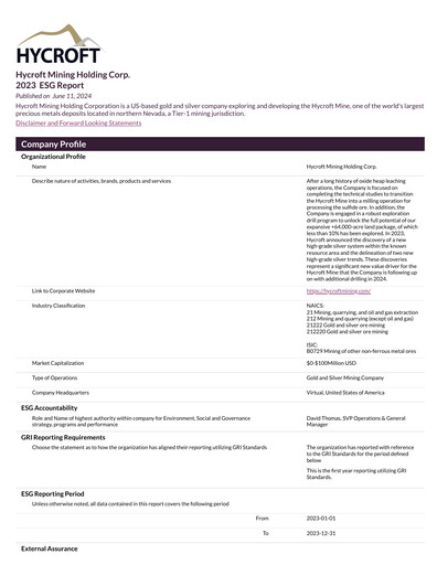 Thumbnail Hycroft Mining ESG Report 2023