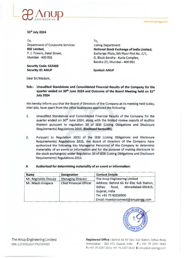 Thumbnail Anup Engineering
 Quarterly Report 2024-q1