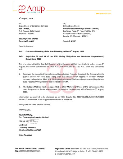 Thumbnail Anup Engineering
 Quarterly Report 2025-q1