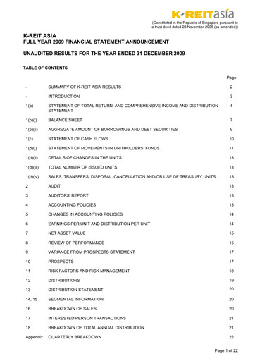 Thumbnail Keppel REIT
 Financial Statement 2009