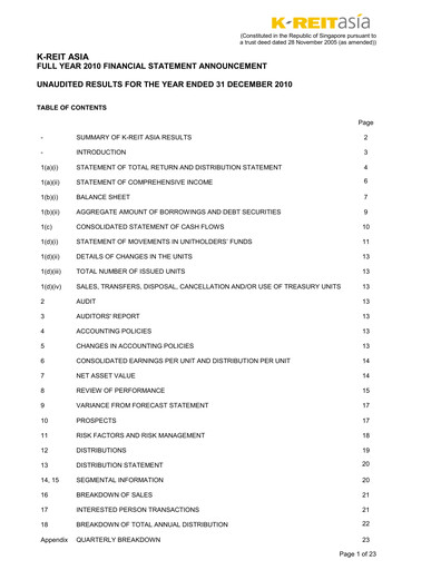 Thumbnail Keppel REIT
 Financial Statement 2010