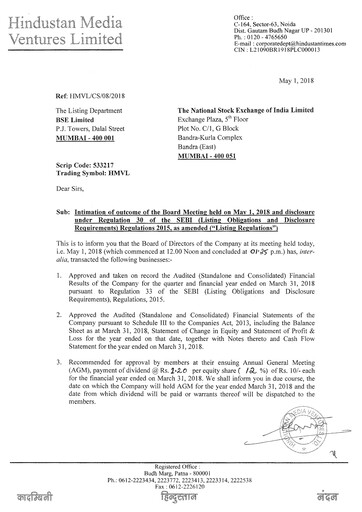 Thumbnail Hindustan Media Ventures Quarterly Report 2018-q4