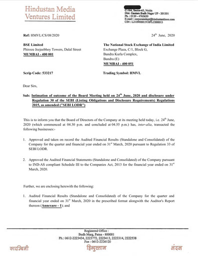Thumbnail Hindustan Media Ventures Quarterly Report 2020-q4