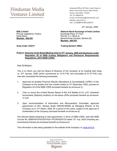 Thumbnail Hindustan Media Ventures Quarterly Report 2026-q3