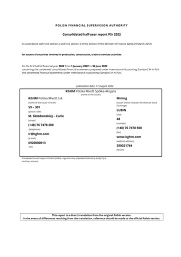 Thumbnail KGHM Polska Miedź
 Half-year Report 2022-h1