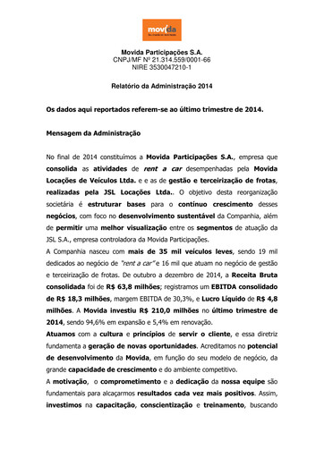 Vorschaubild Movida Participações Finanzmitteilung 2014