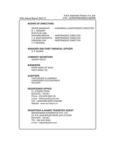 Thumbnail N.B.I. Industrial Finance Annual Report 2021-2022