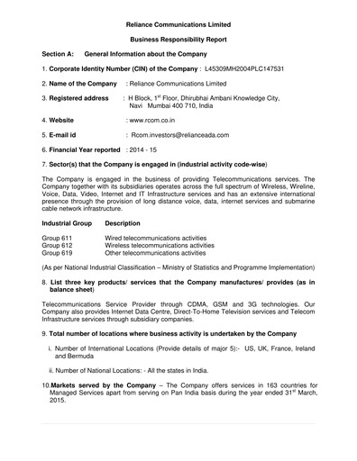 Thumbnail Reliance Communications
 ESG Report 2014-2015